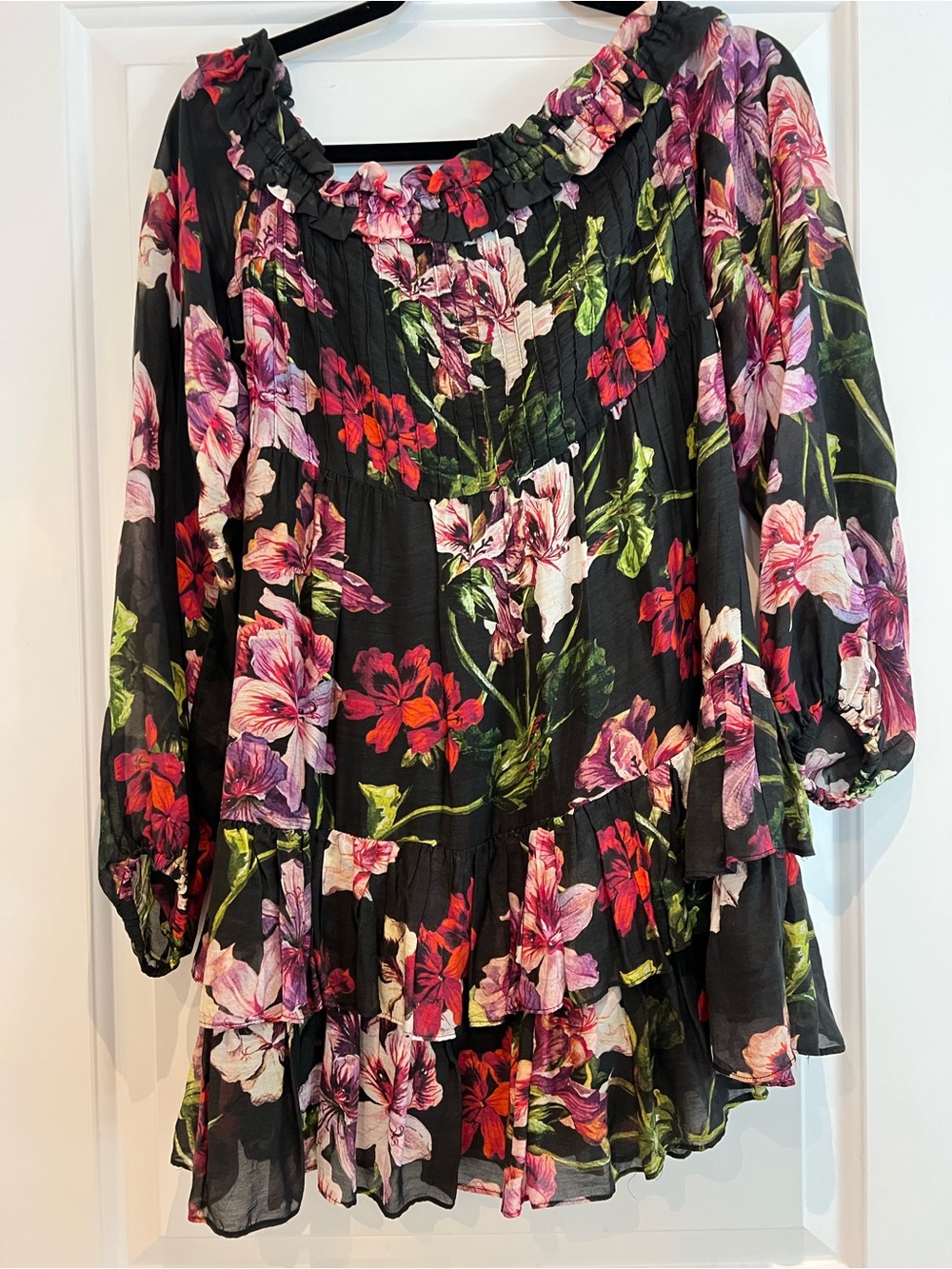 INTERMIX Black Floral Mini Dress with Pink and Red Blooms